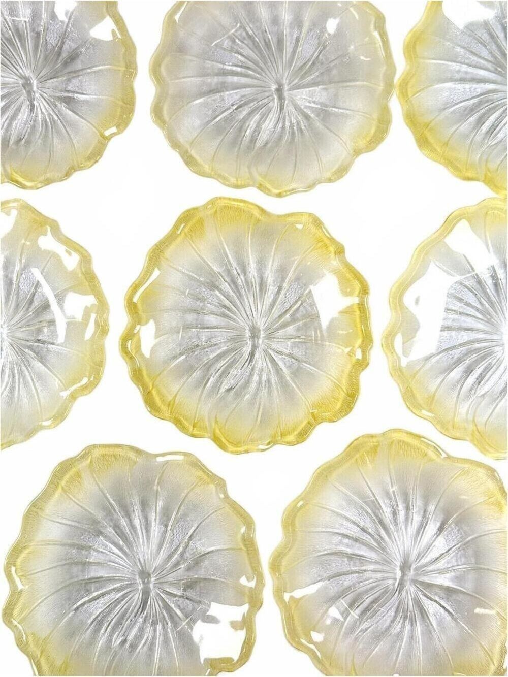 Set of 8 Vintage Indiana Glass Pebble Leaf Yellow Canary Frosted